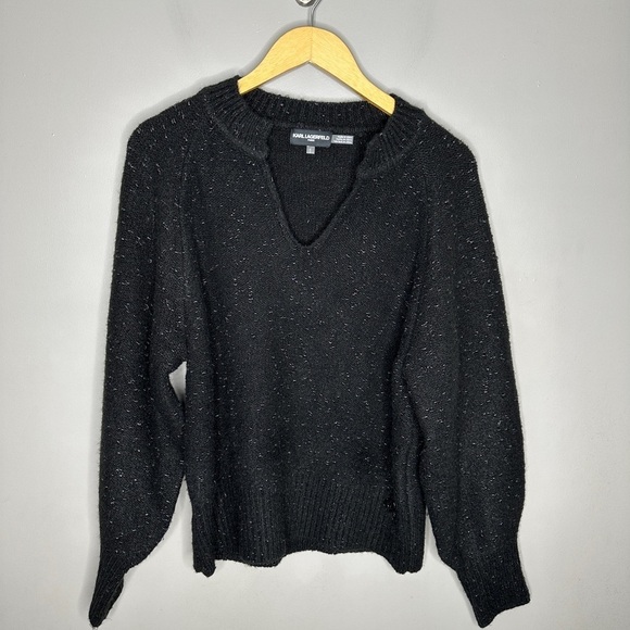 KARL LAGERFELD PARIS Metallic Split-Neck Sweater - Picture 2 of 8